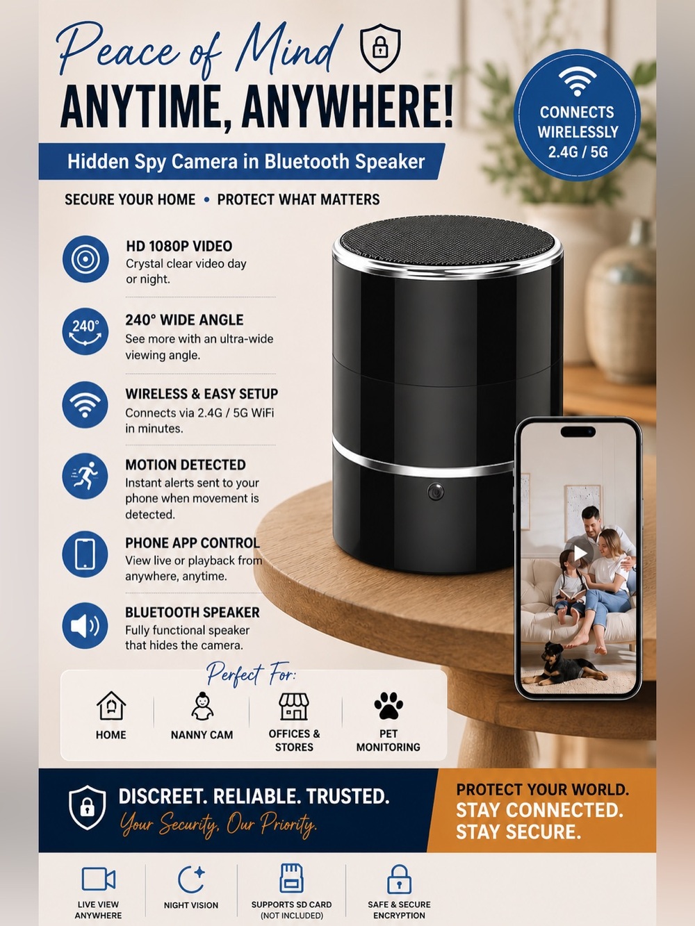 Hidden Spy Camera Bluetooth Speaker - Black